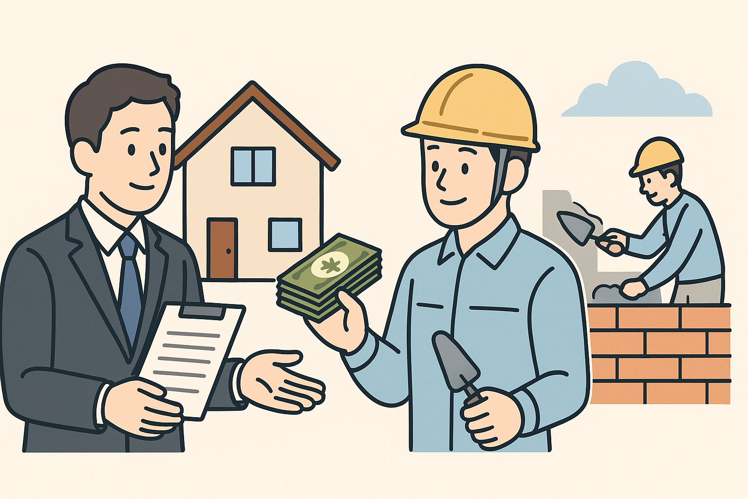 適正な見積もりを持って補助金を取得し工事を行う人のイラスト